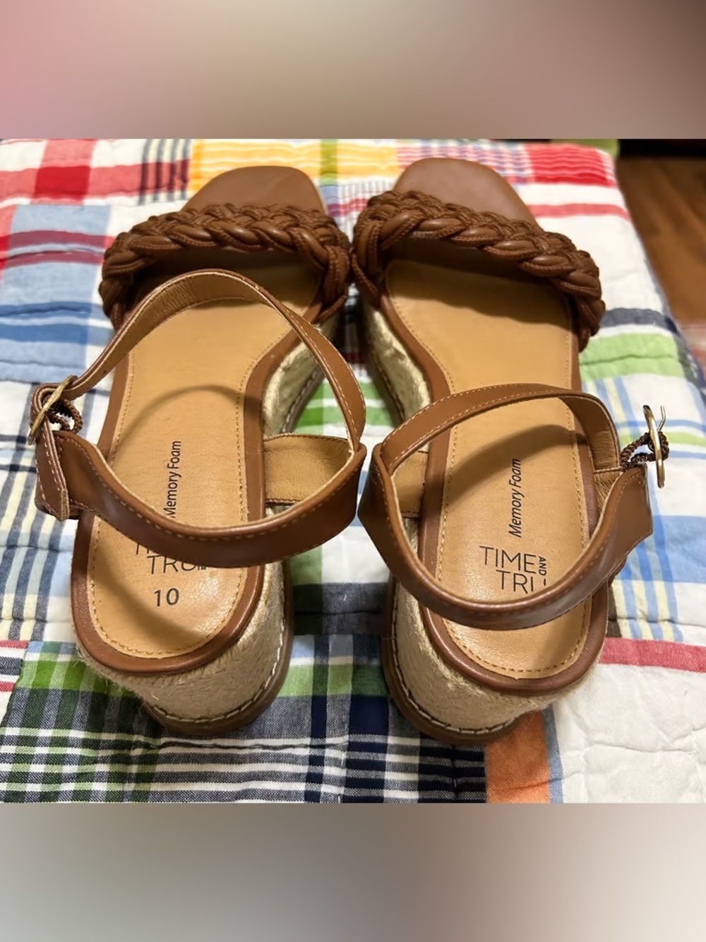 Time and Tru Brown Braided Wedge Sandals with Ankle Strap